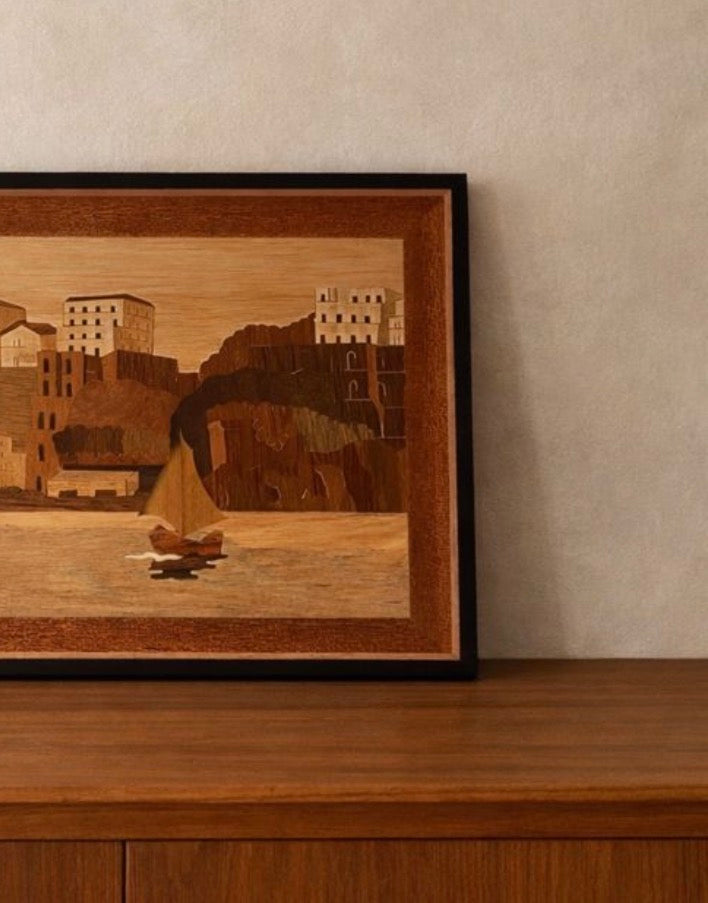 Vintage Italian Wood Marquetry Coastal Inlay — Sailboat Scene