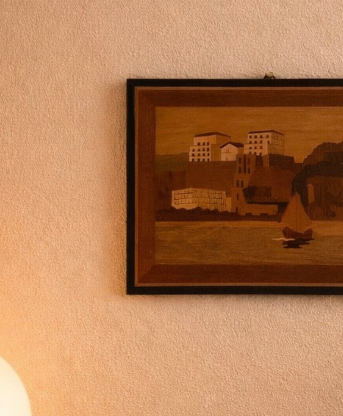 Vintage Italian Wood Marquetry Coastal Inlay — Sailboat Scene