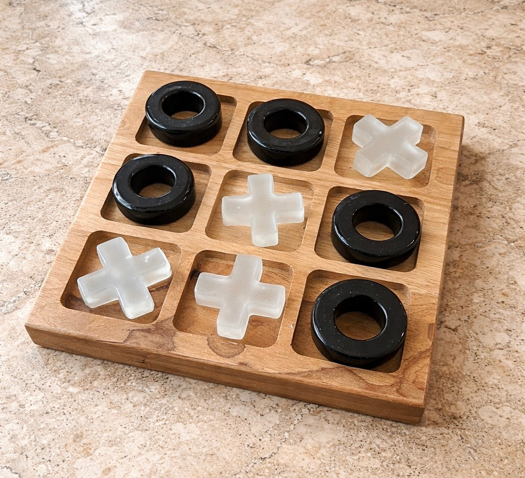 Modern Wood Tic Tac Toe Board with Sculptural Pieces