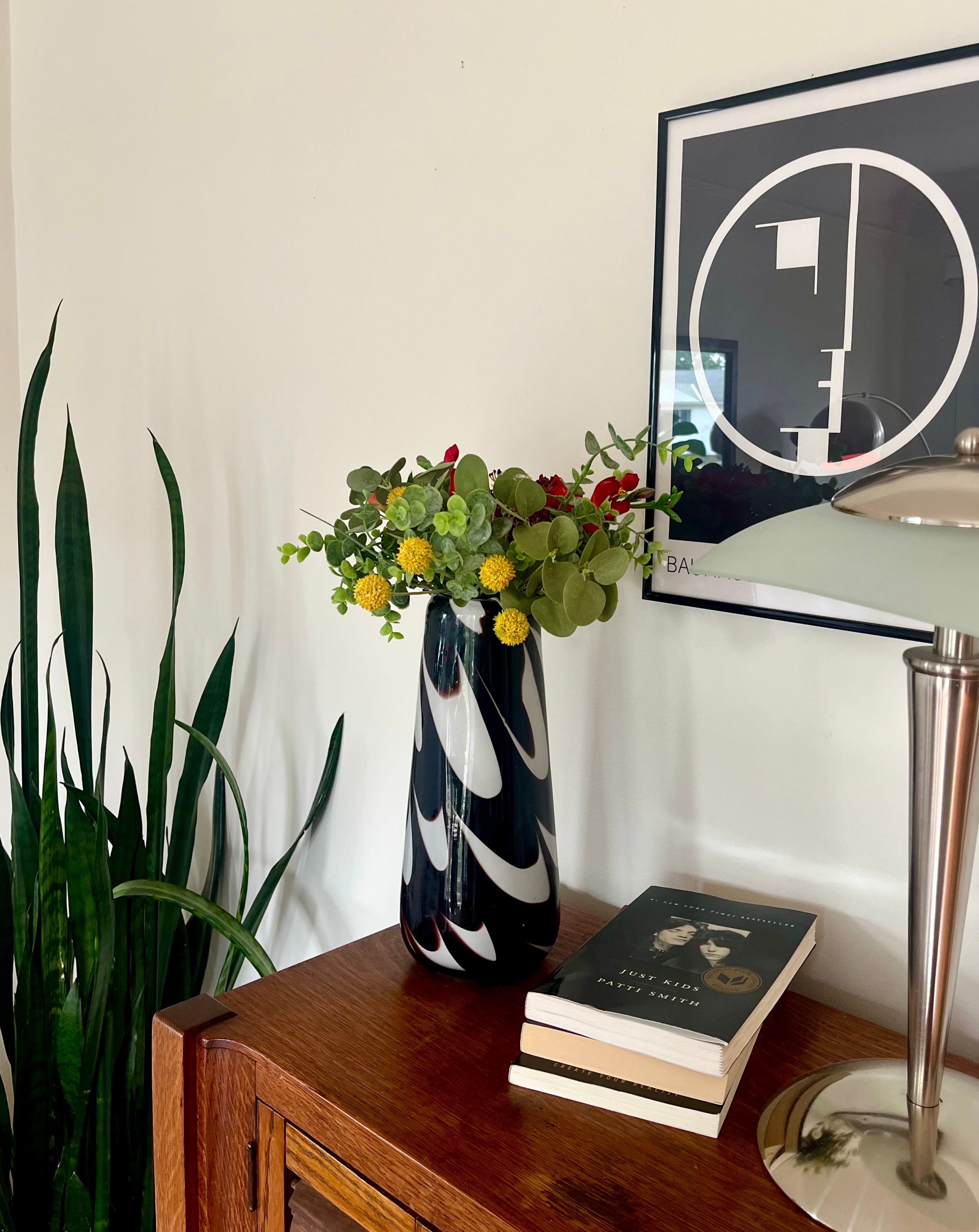 Mid-Century Modern Inspired Black & White Swirl Glass Vase – Statement Art Decor