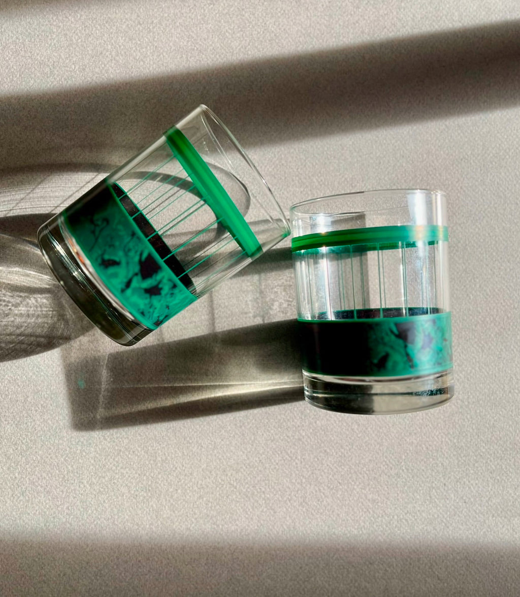 Pair of MCM Green Marble Pattern + Pinstripe Bar Glasses