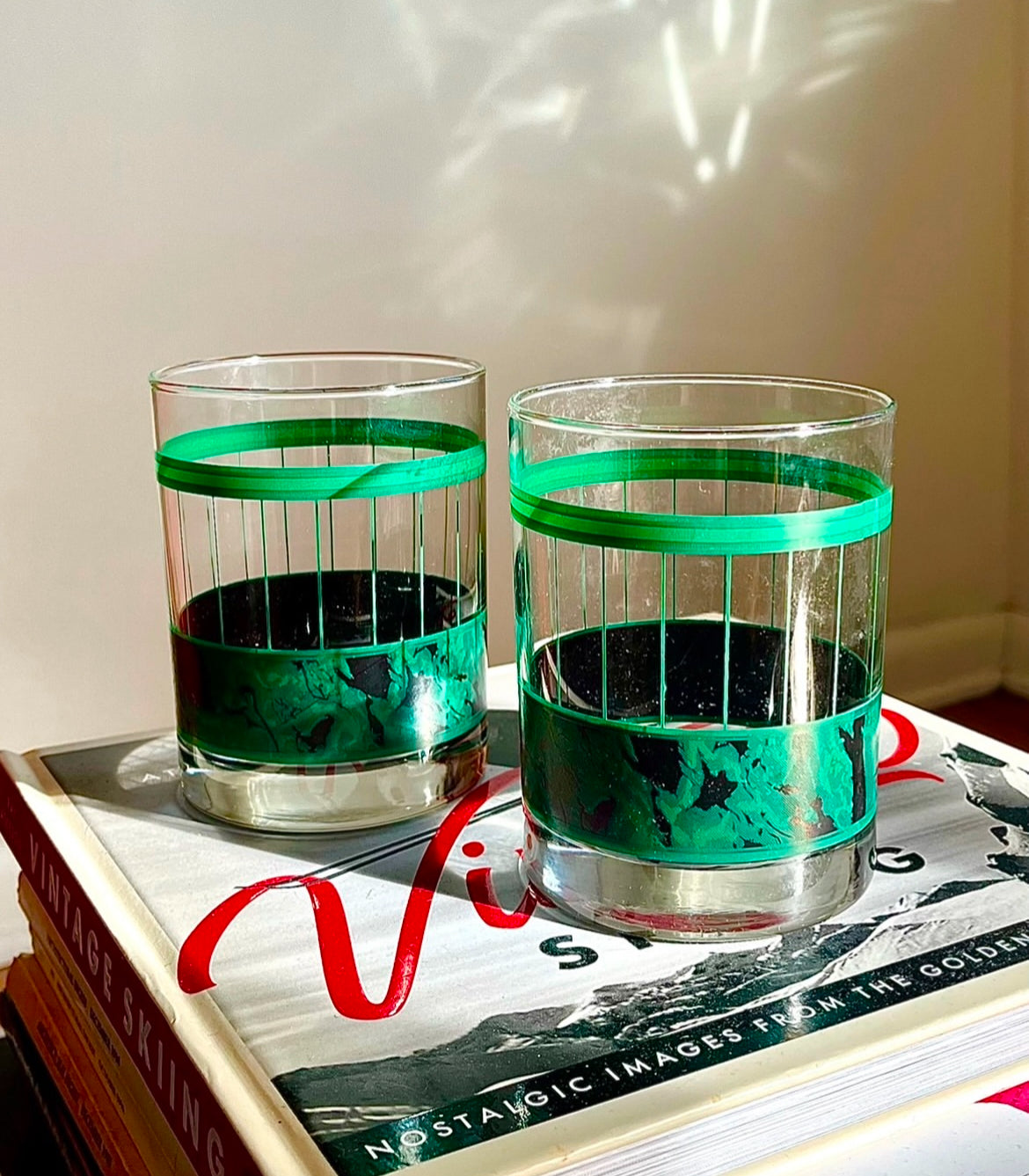 Pair of MCM Green Marble Pattern + Pinstripe Bar Glasses