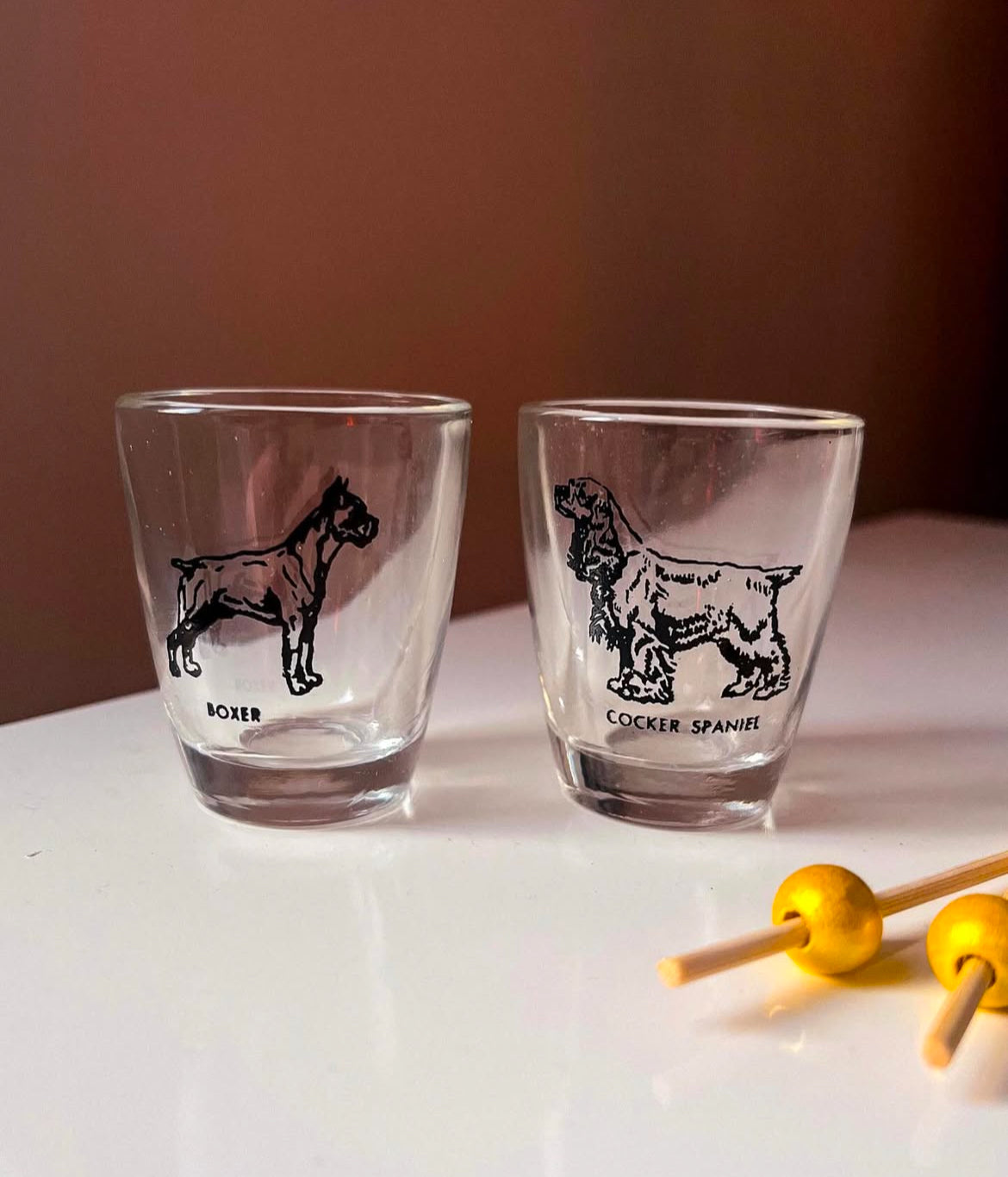 Pair of Vintage 1940s Anchor Hocking Dog Breed Shot Glasses