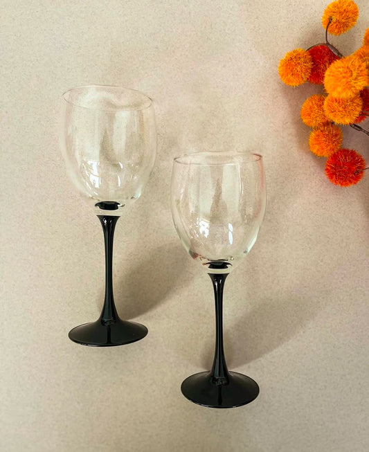 Pair of Vintage Luminarc Black Stem Wine Glasses - Made in France