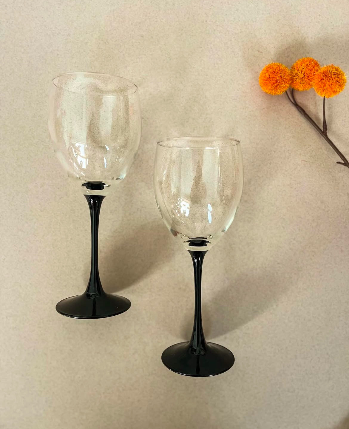 Pair of Vintage Luminarc Black Stem Wine Glasses - Made in France