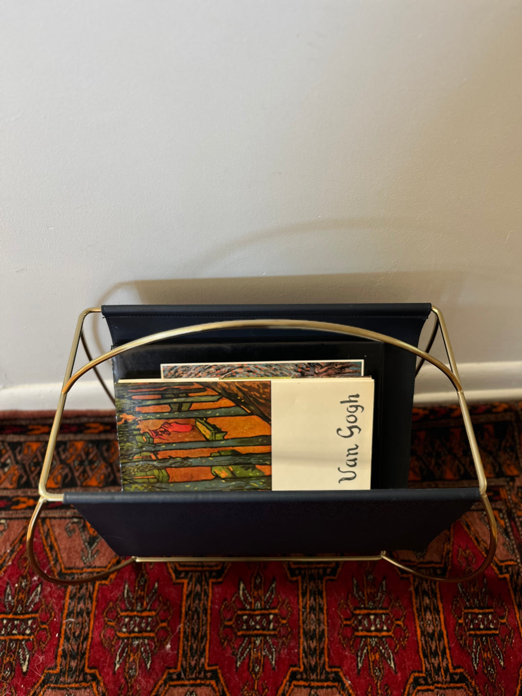 Navy Blue Faux Leather + Gold Metal Magazine Rack
