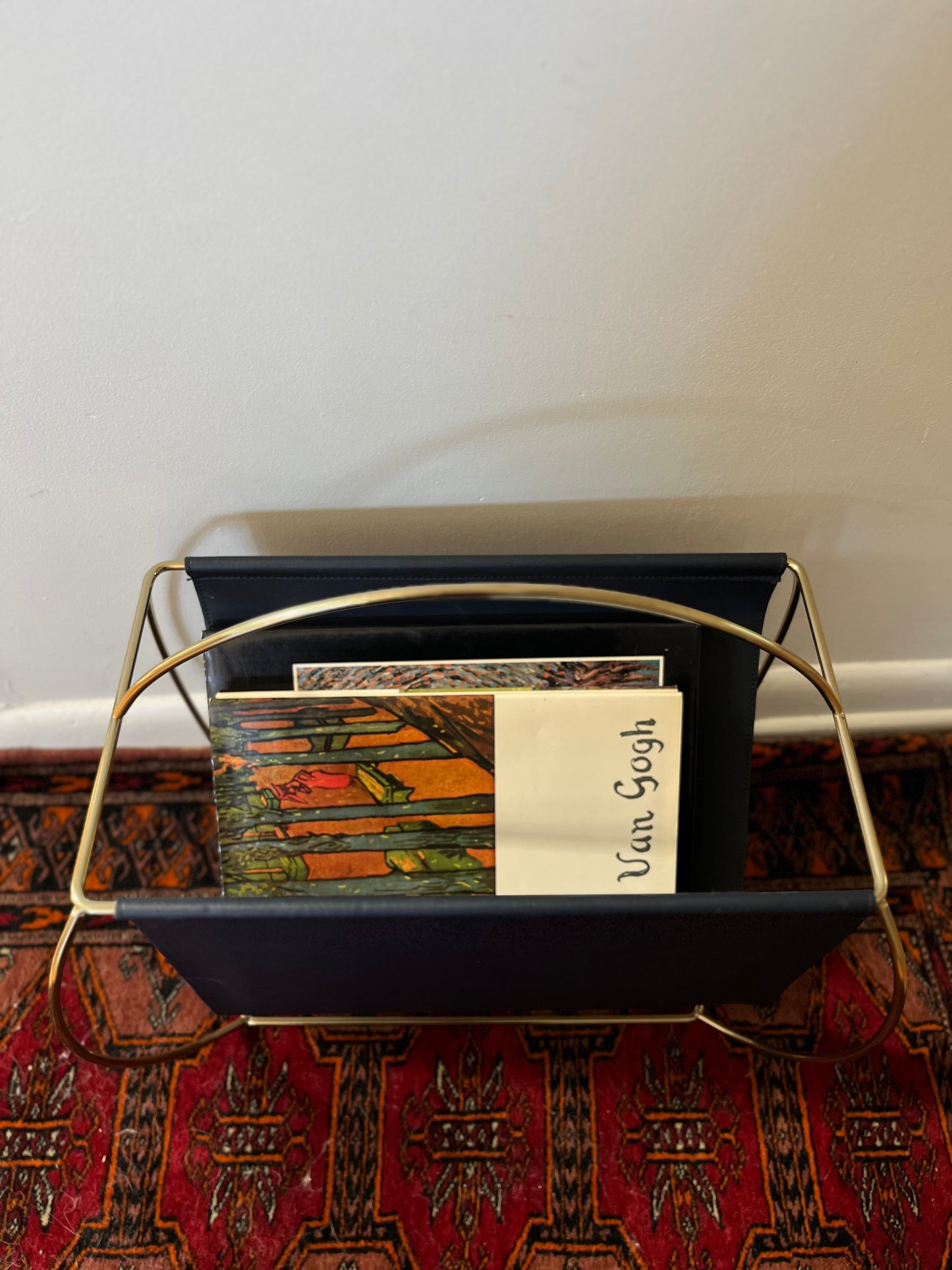 Navy Blue Faux Leather + Gold Metal Magazine Rack