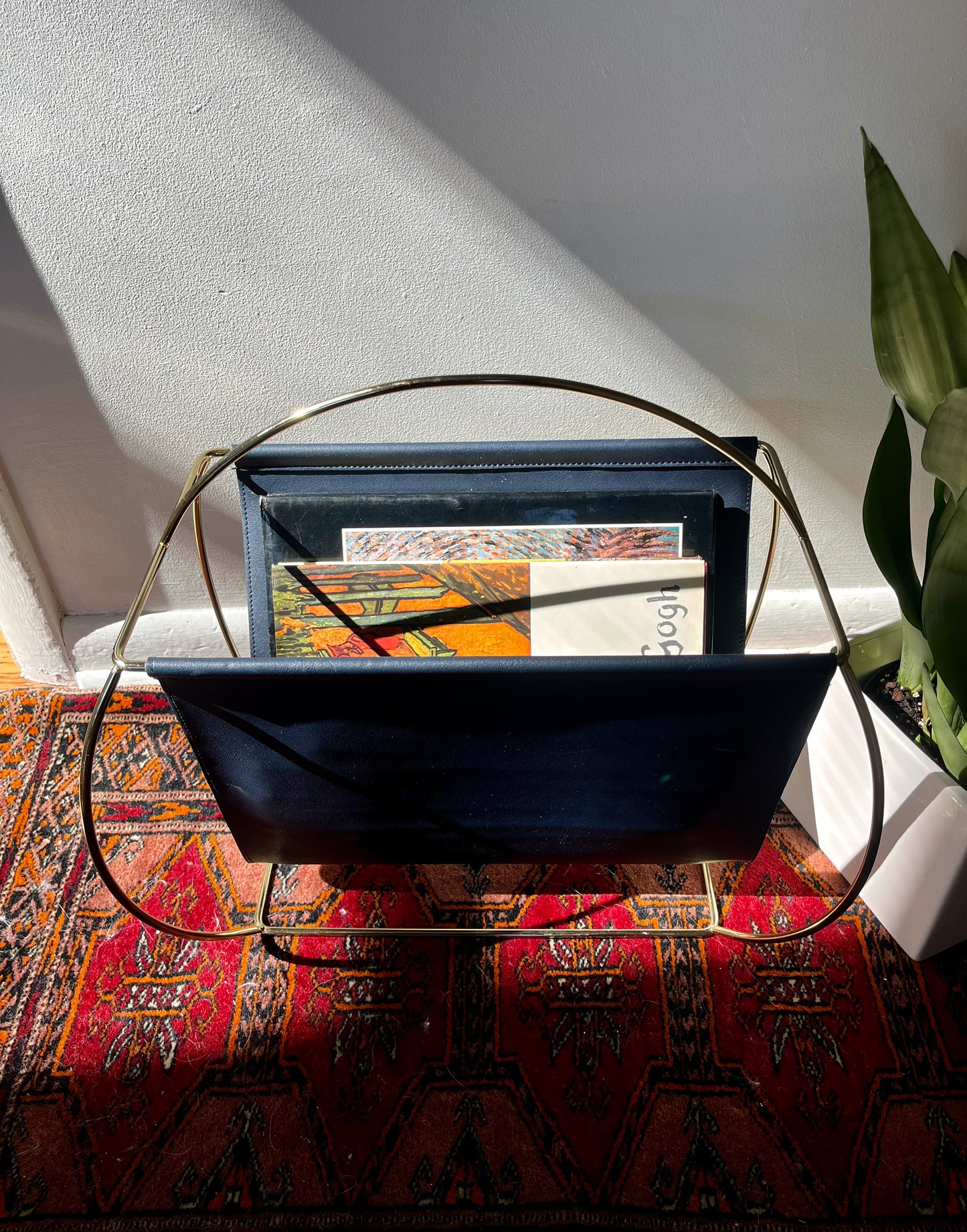 Navy Blue Faux Leather + Gold Metal Magazine Rack