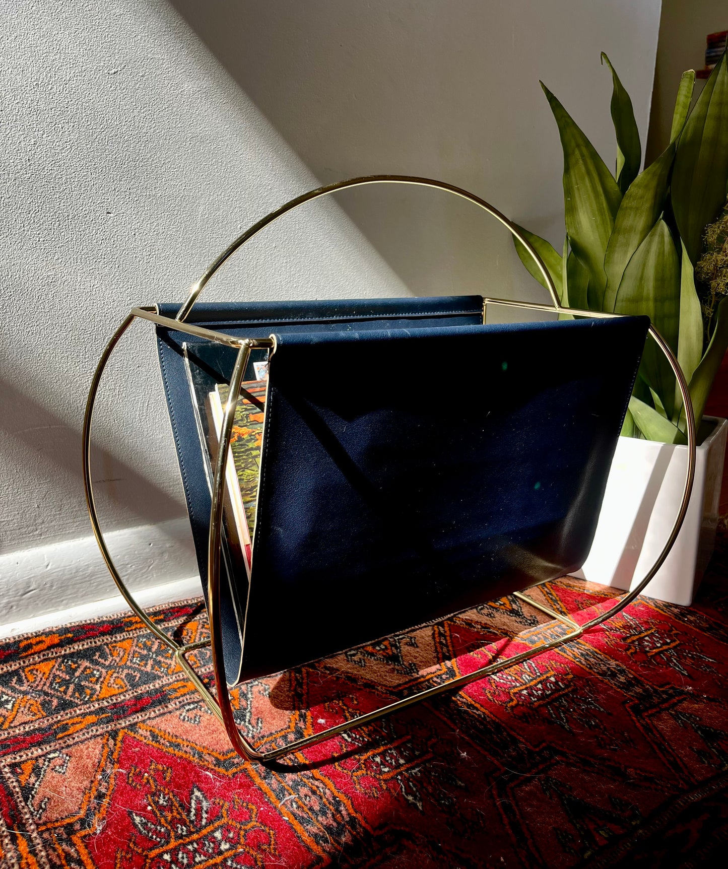 Navy Blue Faux Leather + Gold Metal Magazine Rack