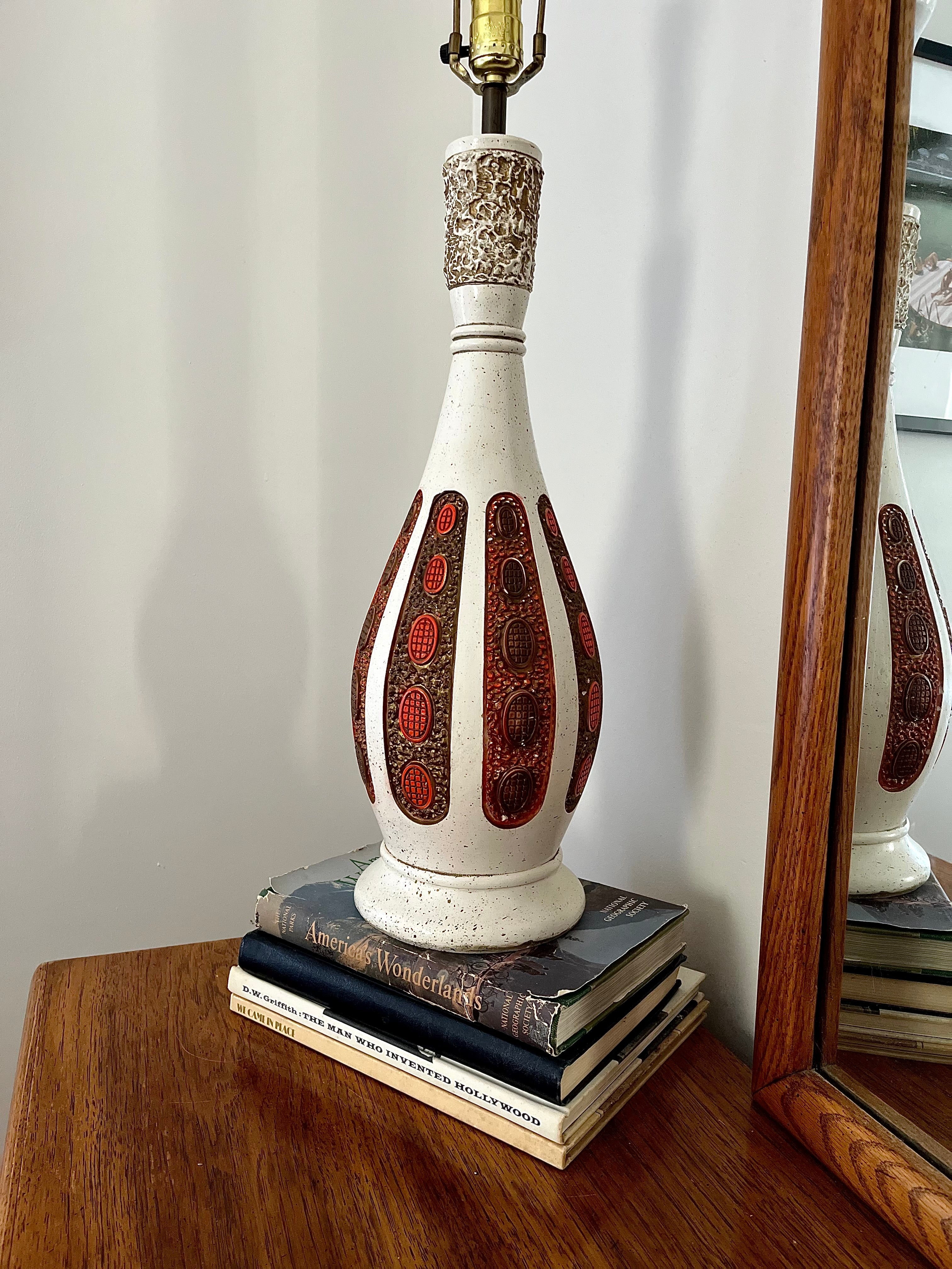 Tall Midcentury 31" Orange Brown & Speckled White Table Lamp