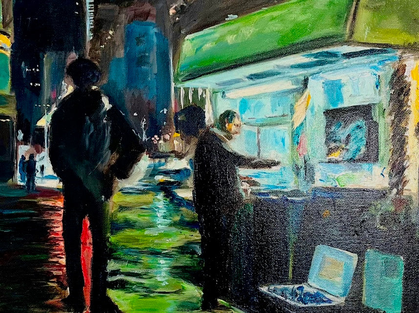 Nighttime Urban Scene Oil on Canvas Painting