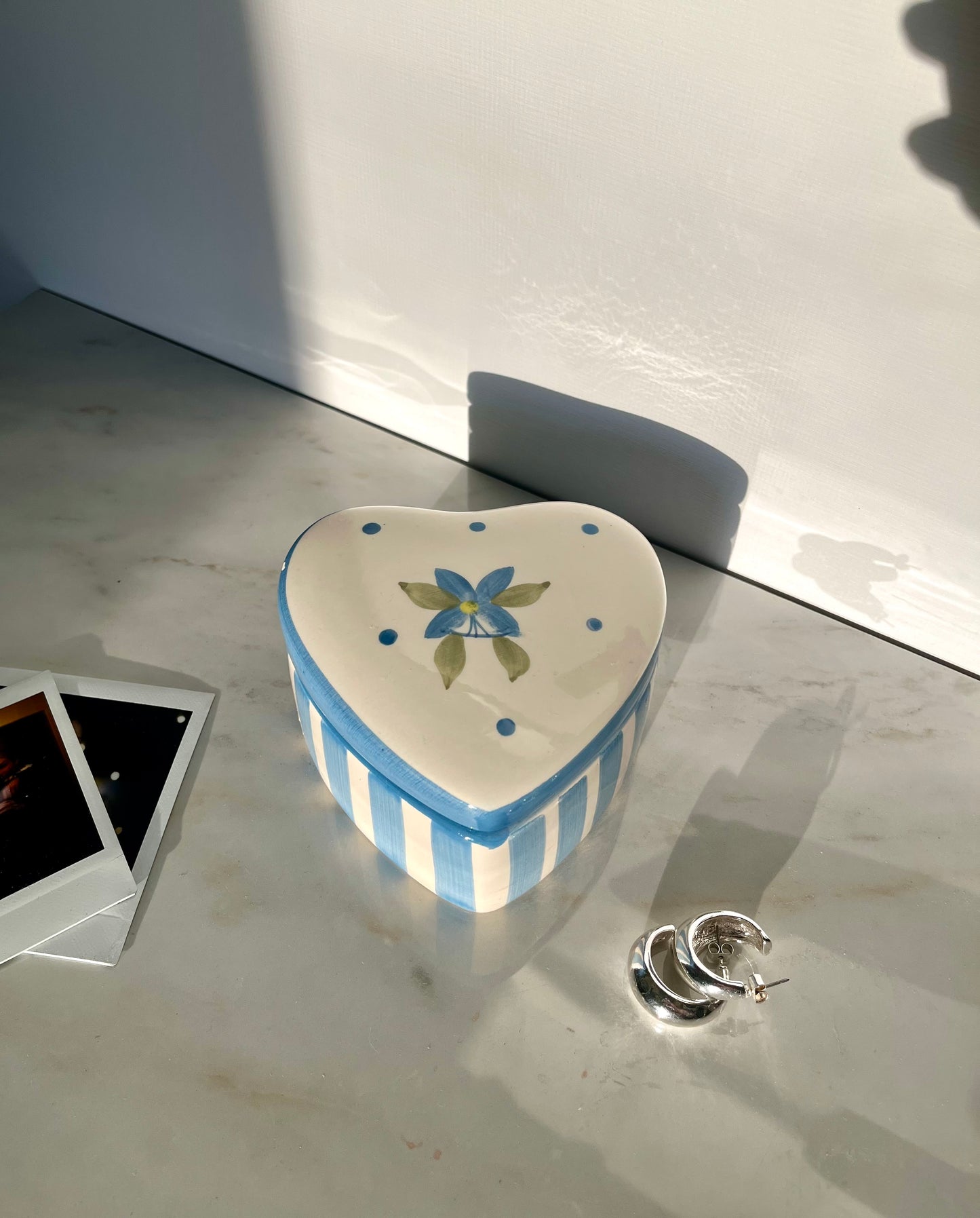 White, Blue Striped Ceramic Floral Heart-Shaped 4" Trinket Ring Jewelry Dish