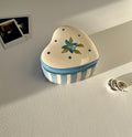 White, Blue Striped Ceramic Floral Heart-Shaped 4" Trinket Ring Jewelry Dish