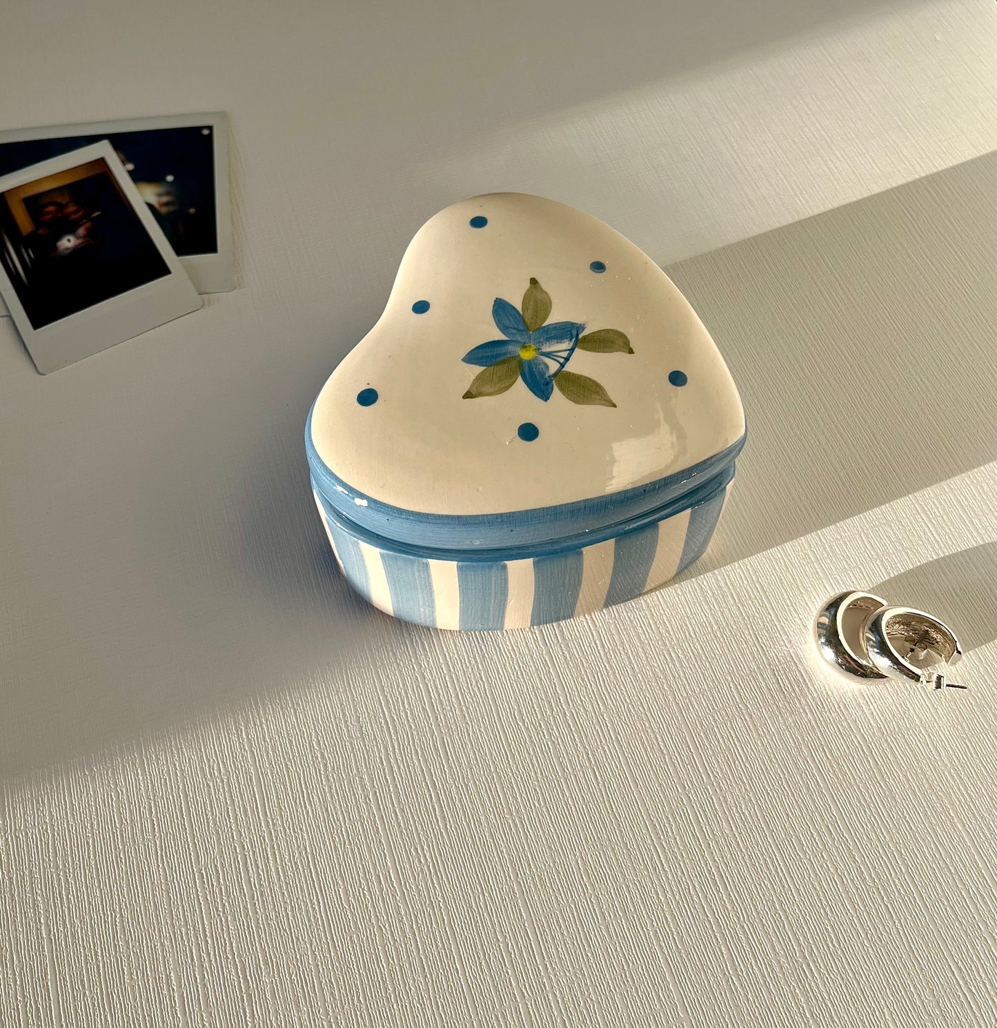 White, Blue Striped Ceramic Floral Heart-Shaped 4" Trinket Ring Jewelry Dish