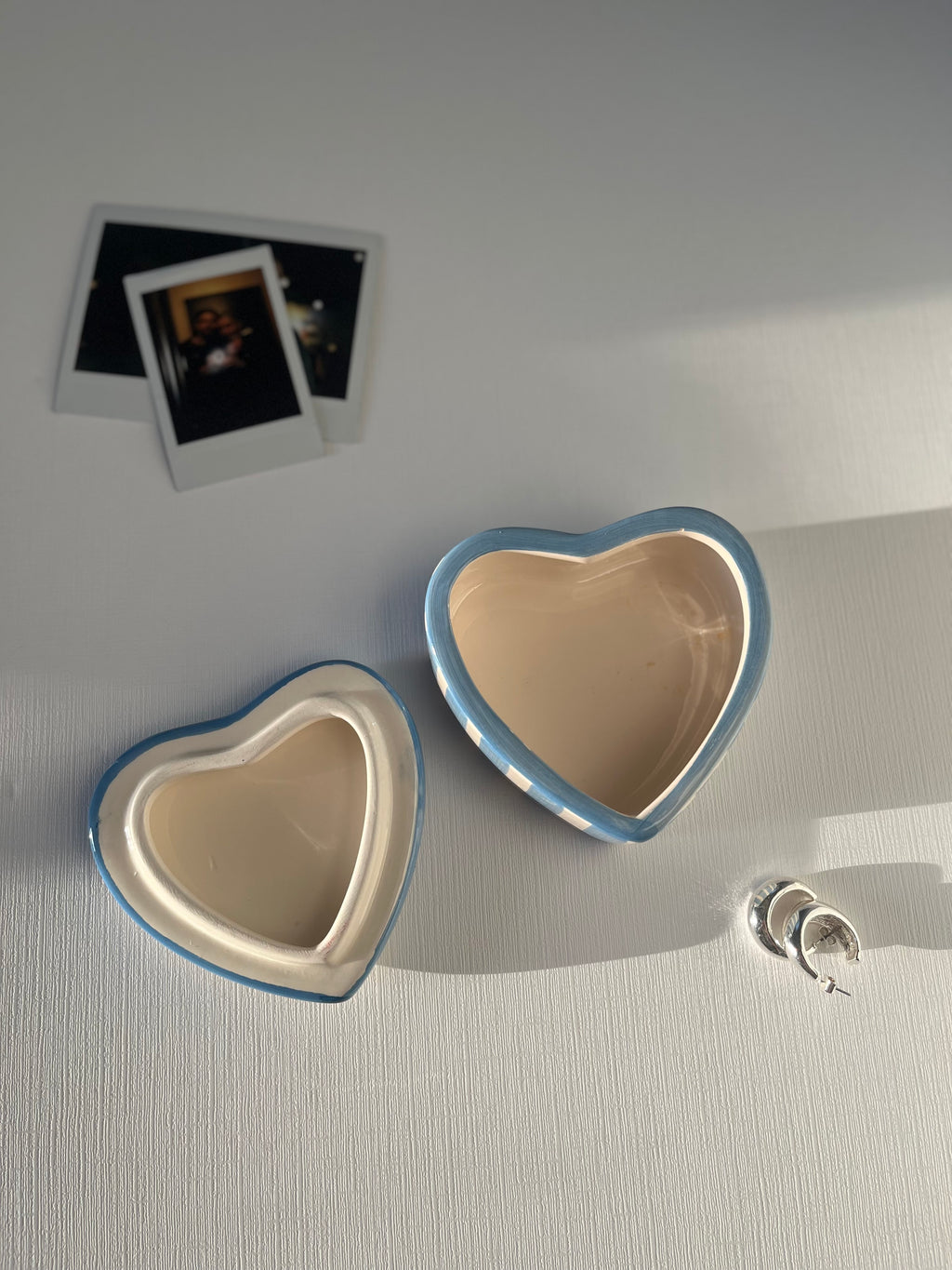 White, Blue Striped Ceramic Floral Heart-Shaped 4" Trinket Ring Jewelry Dish