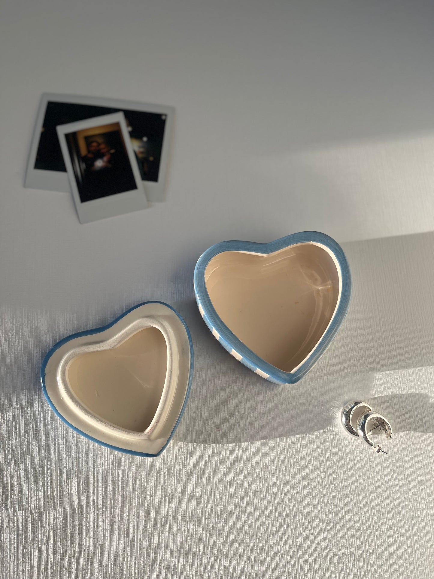 White, Blue Striped Ceramic Floral Heart-Shaped 4" Trinket Ring Jewelry Dish