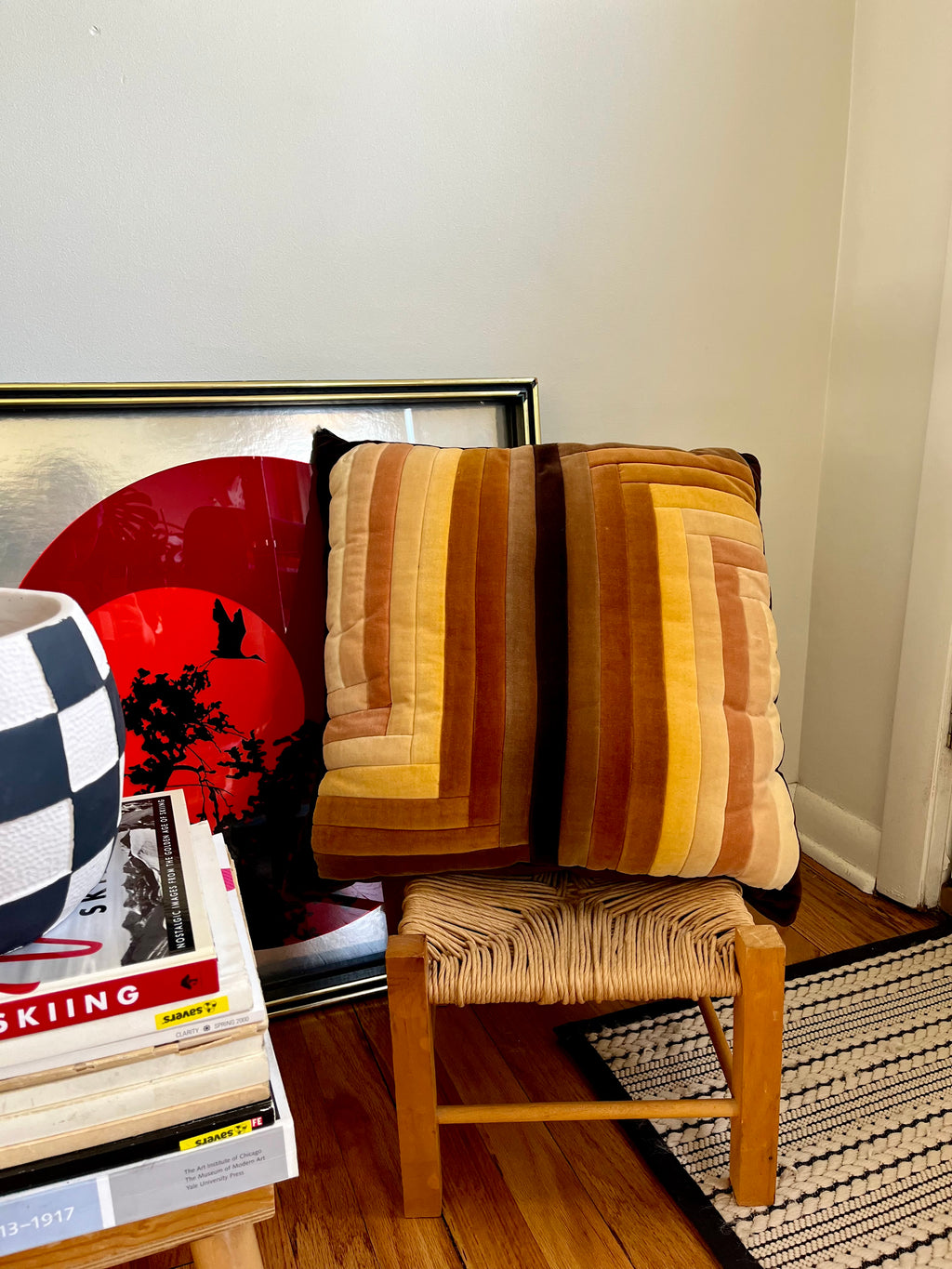 1970s MCM 17" Abstract Geometric Velvet Throw Pillow Orange Brown