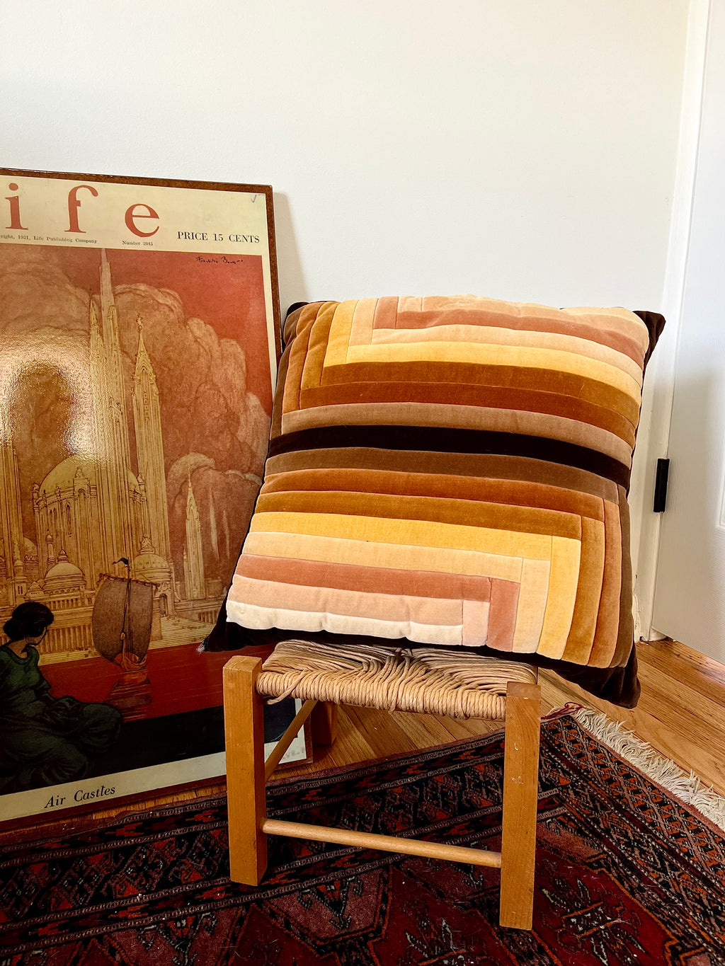 1970s MCM 17" Abstract Geometric Velvet Throw Pillow Orange Brown