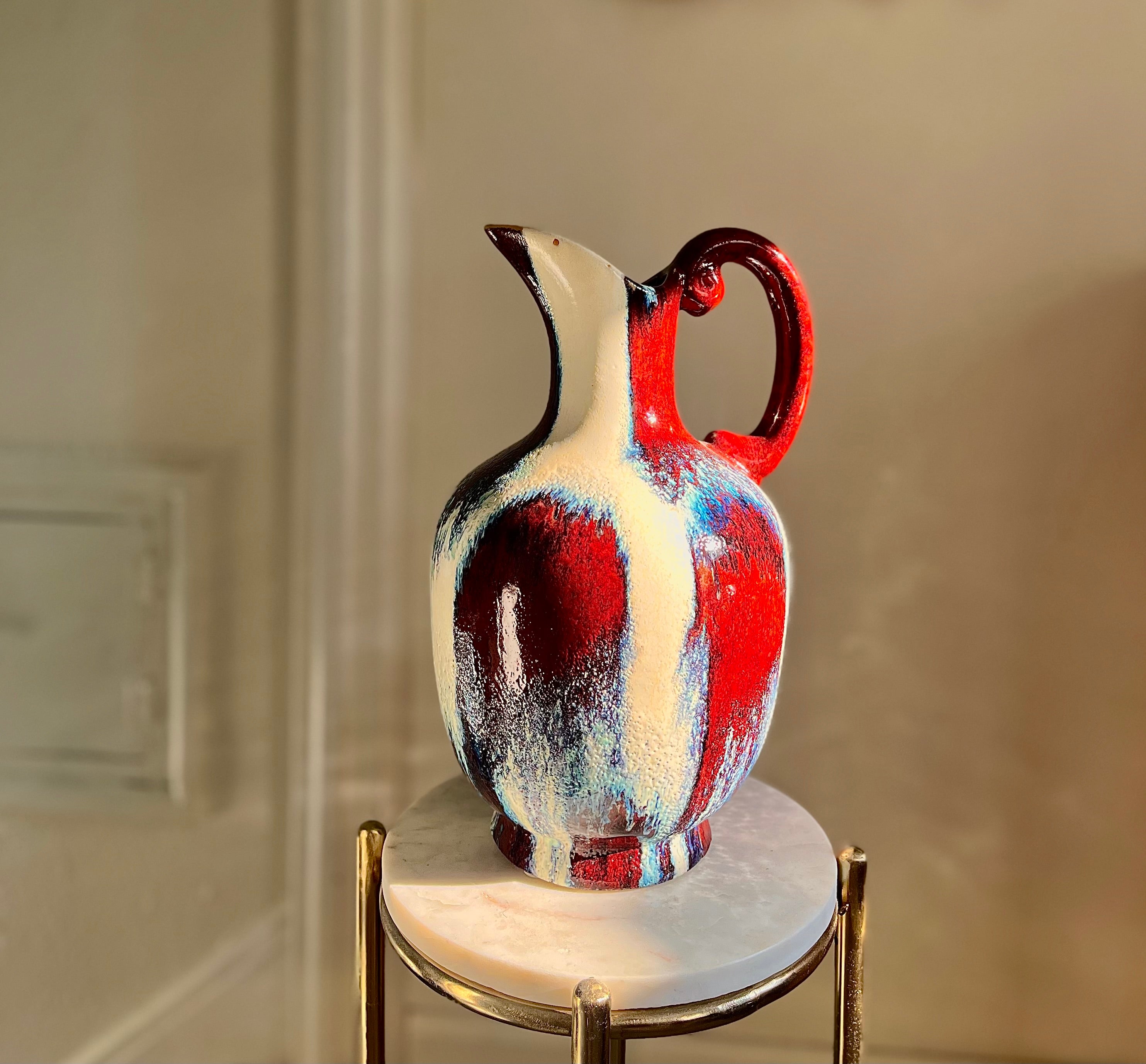 Large Midcentury Red White Blue Drip Glaze Pitcher