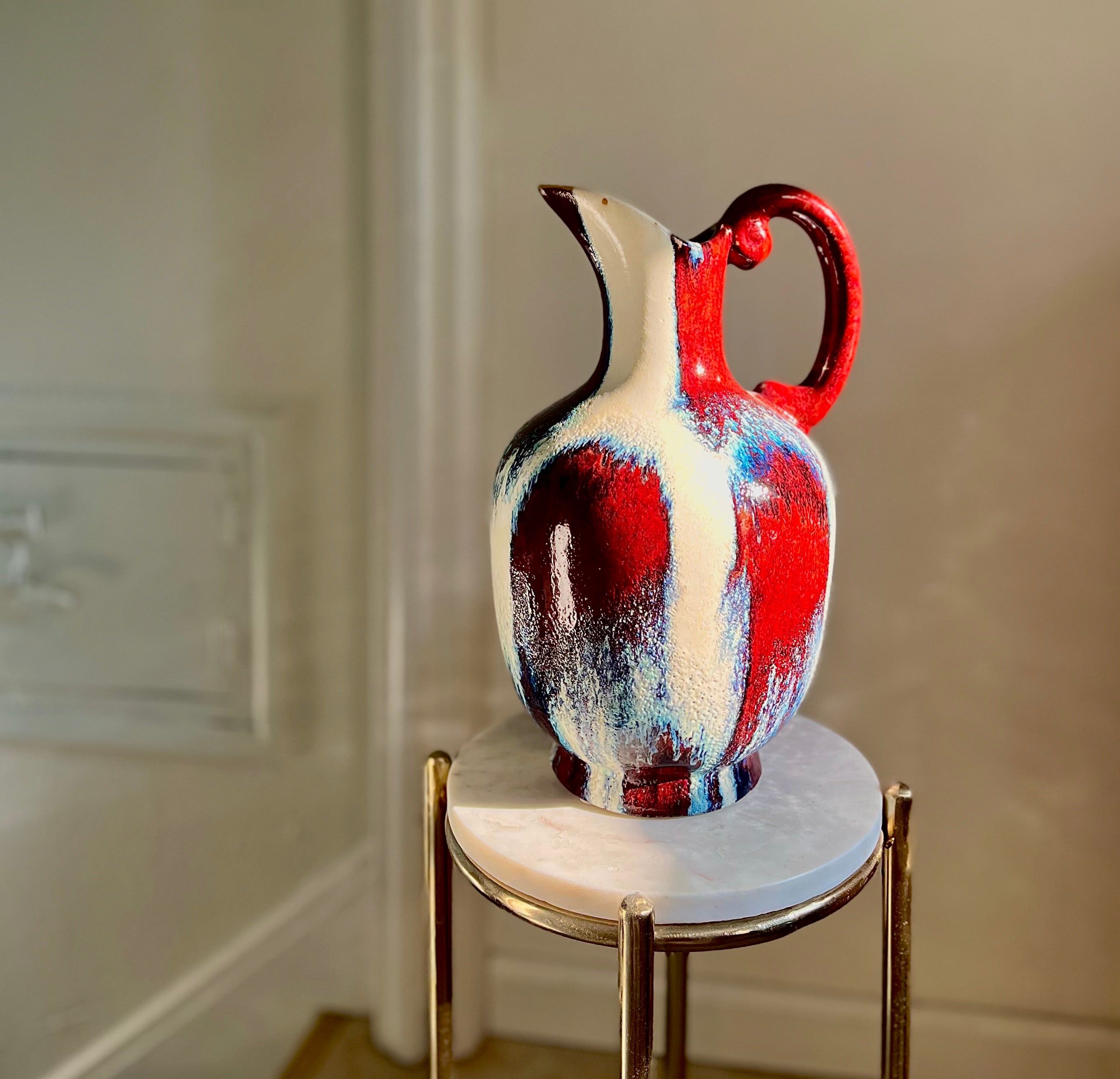 Large Midcentury Red White Blue Drip Glaze Pitcher