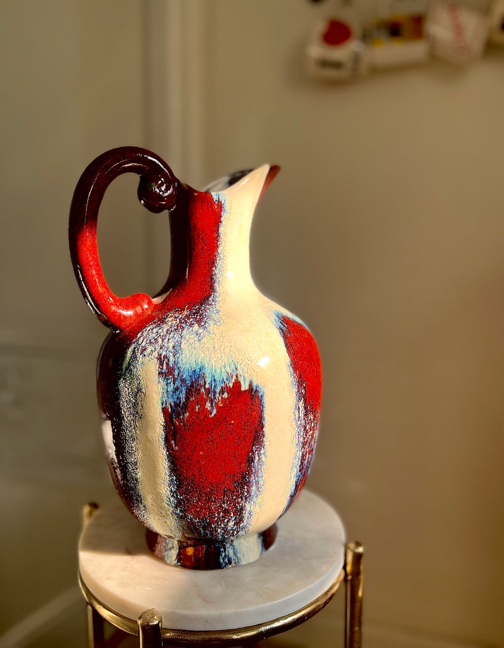 Large Midcentury Red White Blue Drip Glaze Pitcher