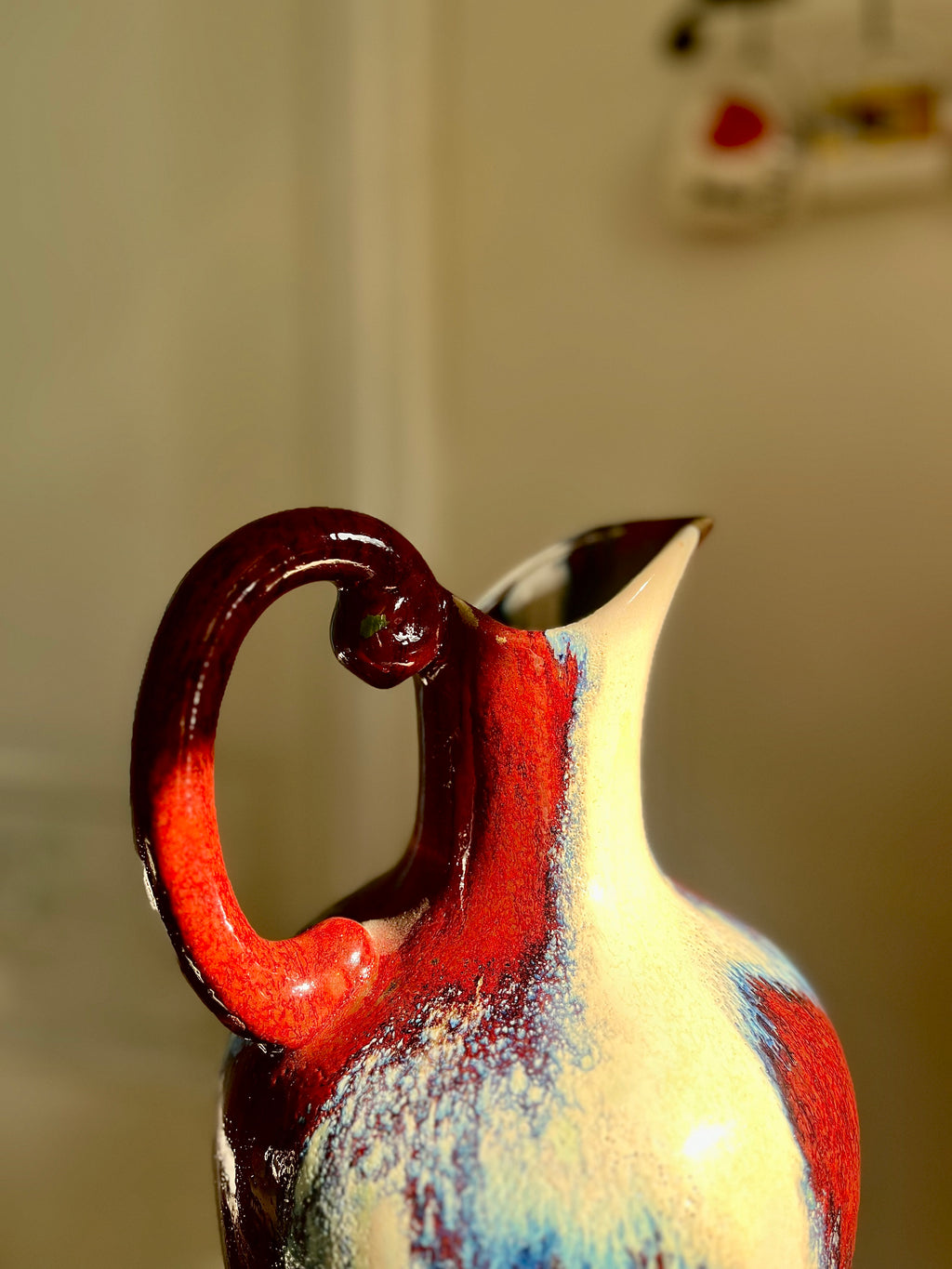 Large Midcentury Red White Blue Drip Glaze Pitcher
