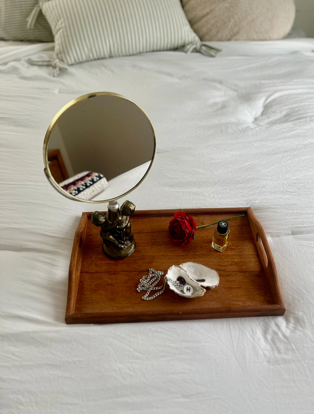 Vintage Table Top Brass Vanity Mirror Dual Sided With Cherub Base Made in Italy