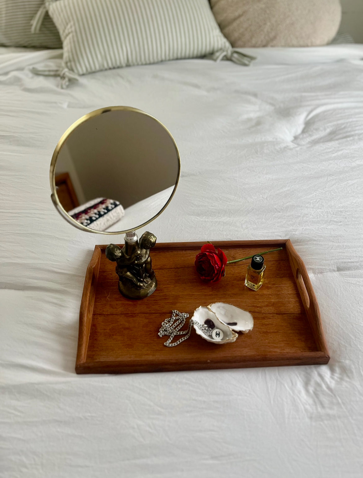 Vintage Table Top Brass Vanity Mirror Dual Sided With Cherub Base Made in Italy