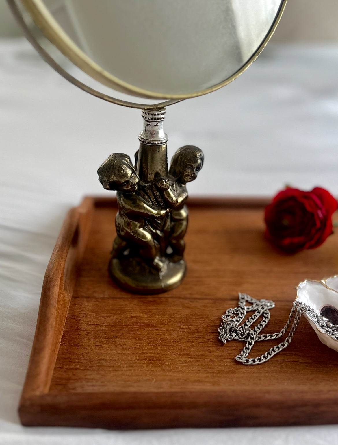 Vintage Table Top Brass Vanity Mirror Dual Sided With Cherub Base Made in Italy