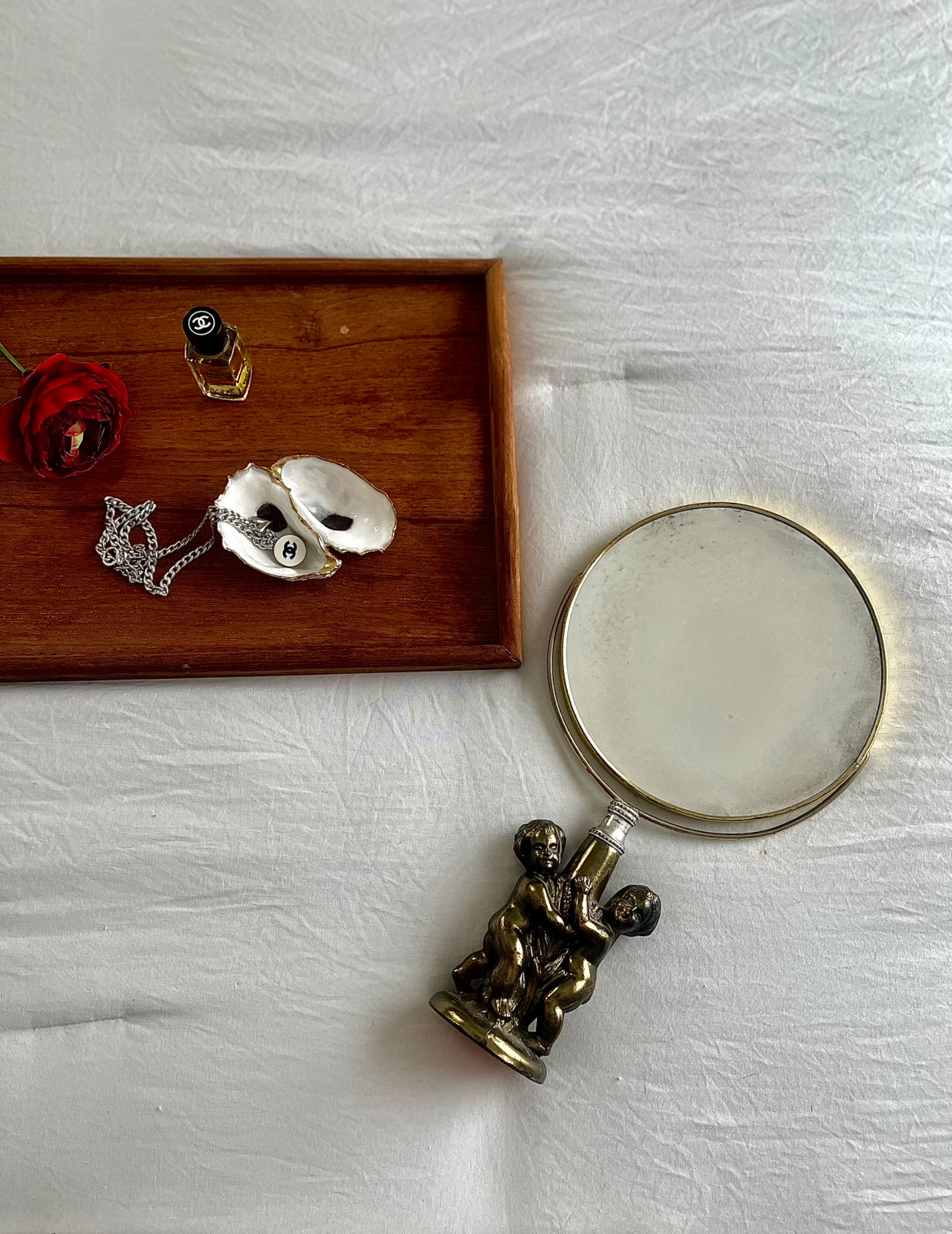 Vintage Table Top Brass Vanity Mirror Dual Sided With Cherub Base Made in Italy