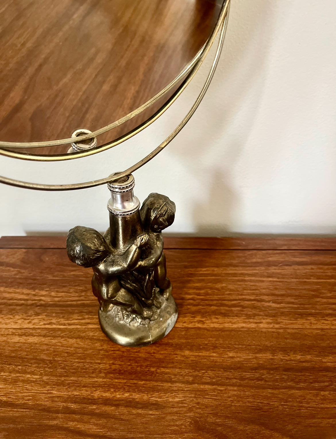 Vintage Table Top Brass Vanity Mirror Dual Sided With Cherub Base Made in Italy