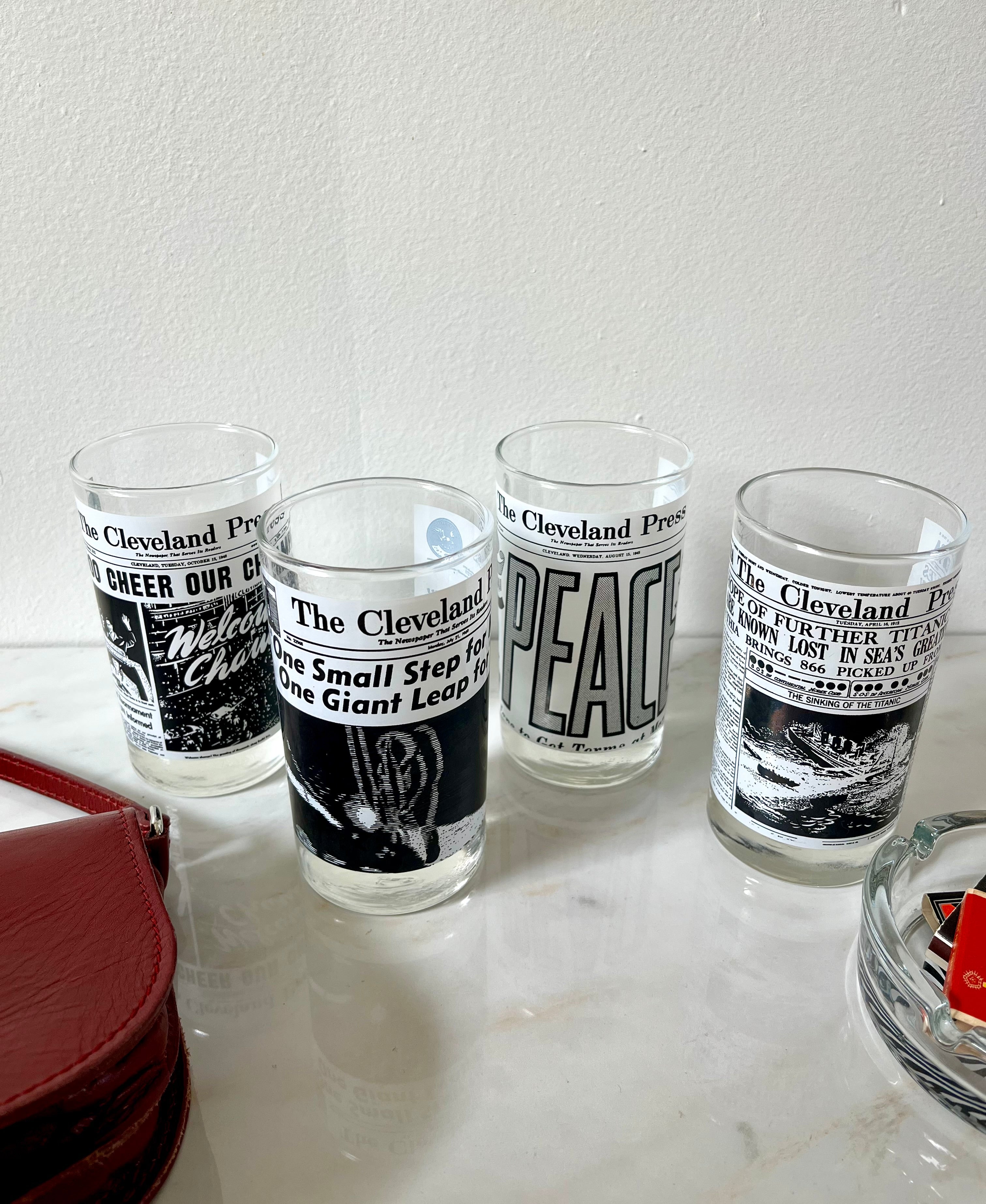 Vintage Cleveland Press Headline Newspaper Drinking Glasses Set of 4