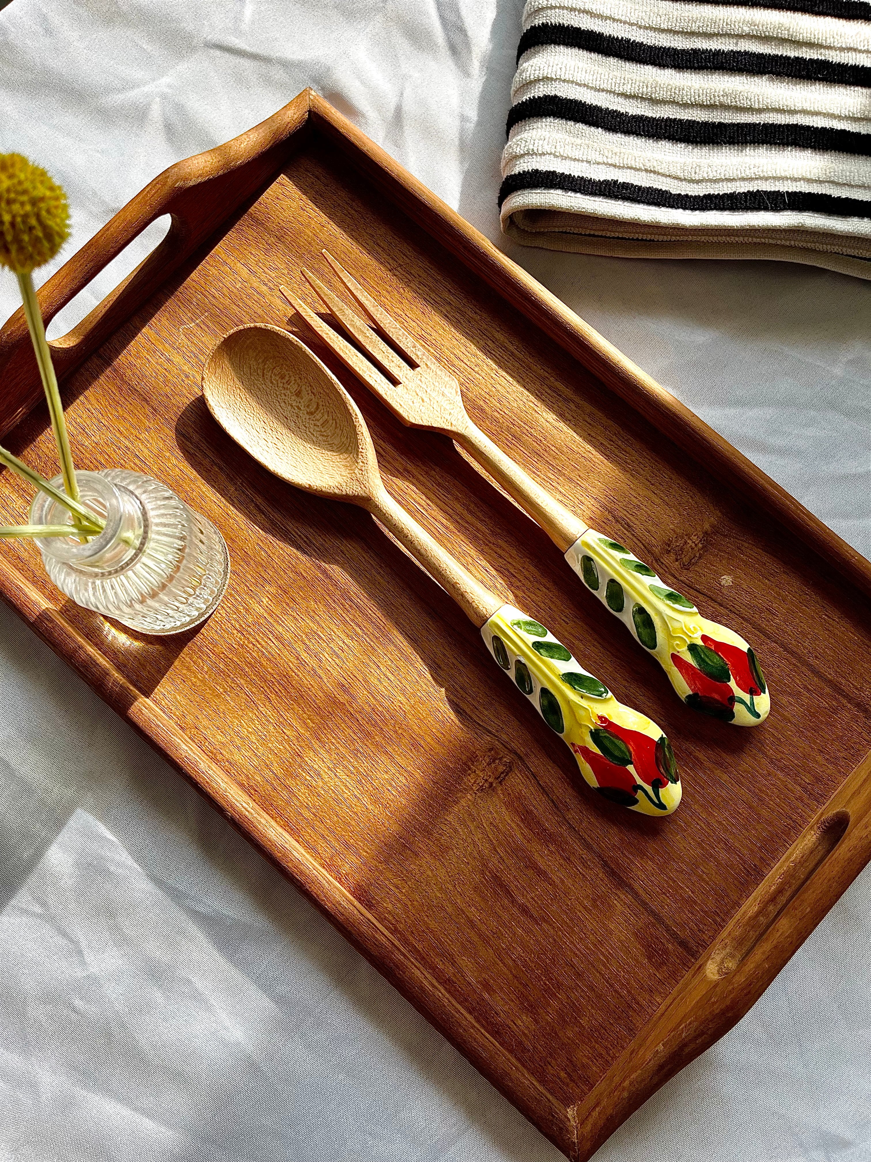 Hand Painted Ceramic Wood Salad Fork Spoon Set