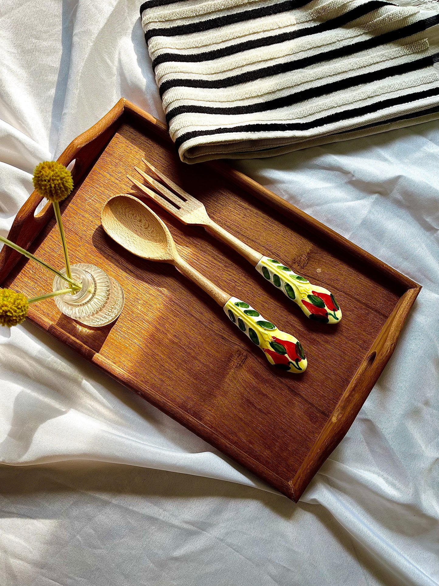 Hand Painted Ceramic Wood Salad Fork Spoon Set