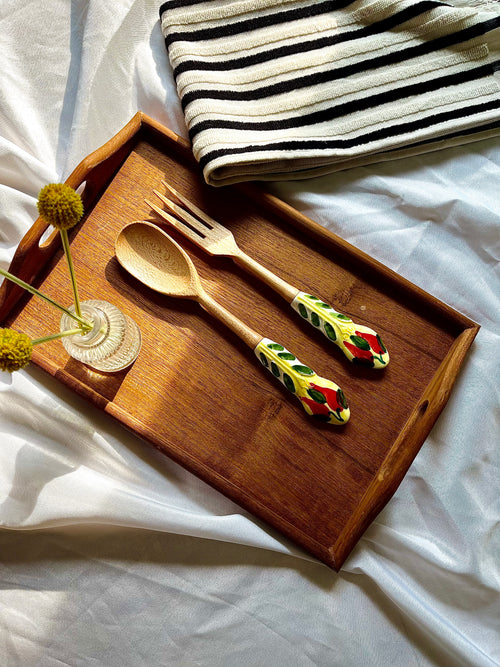 Hand Painted Ceramic Wood Salad Fork Spoon Set