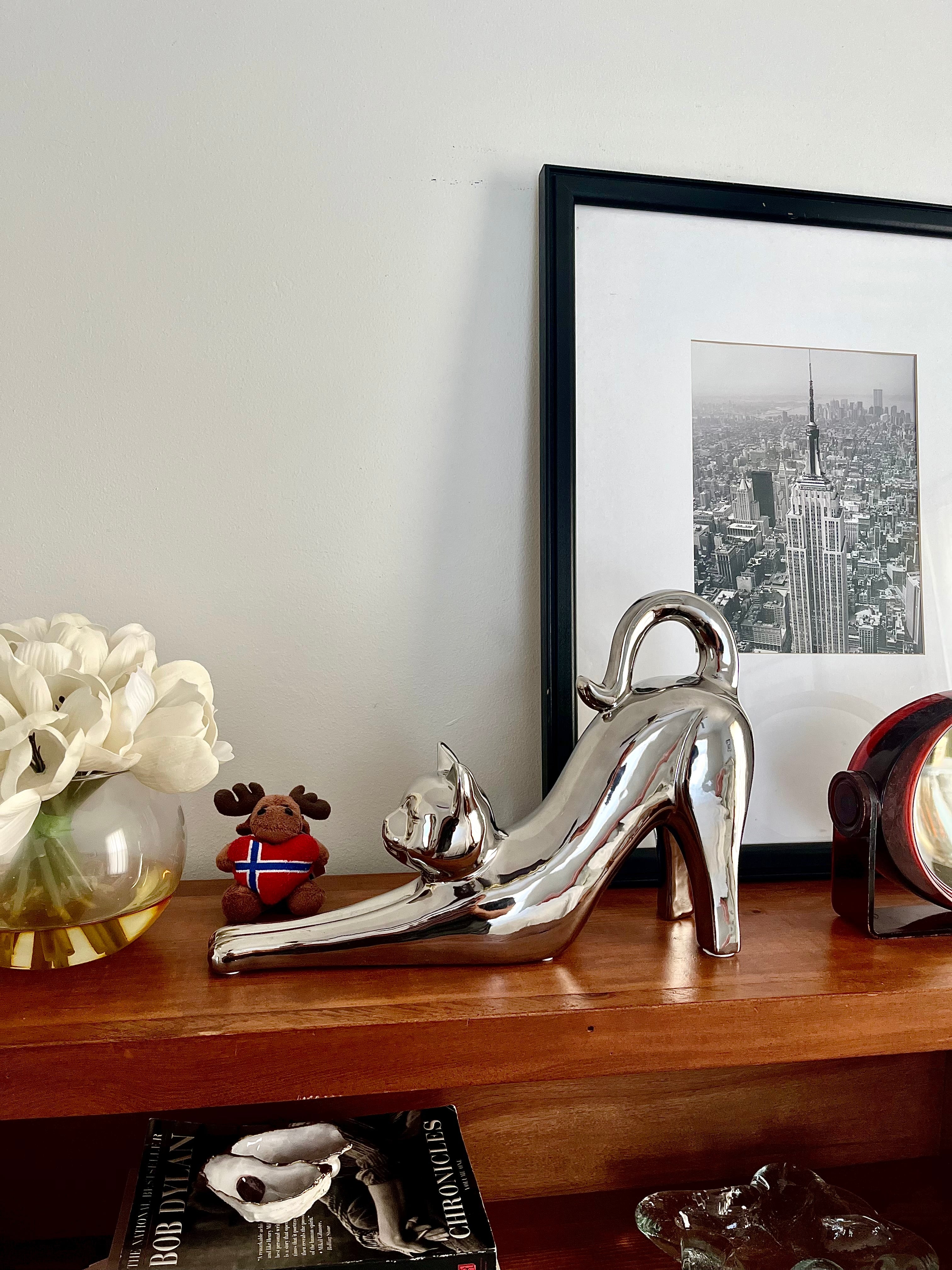 Glam Chrome Cat Figurine for Stylish Shelf or Mantel Decor