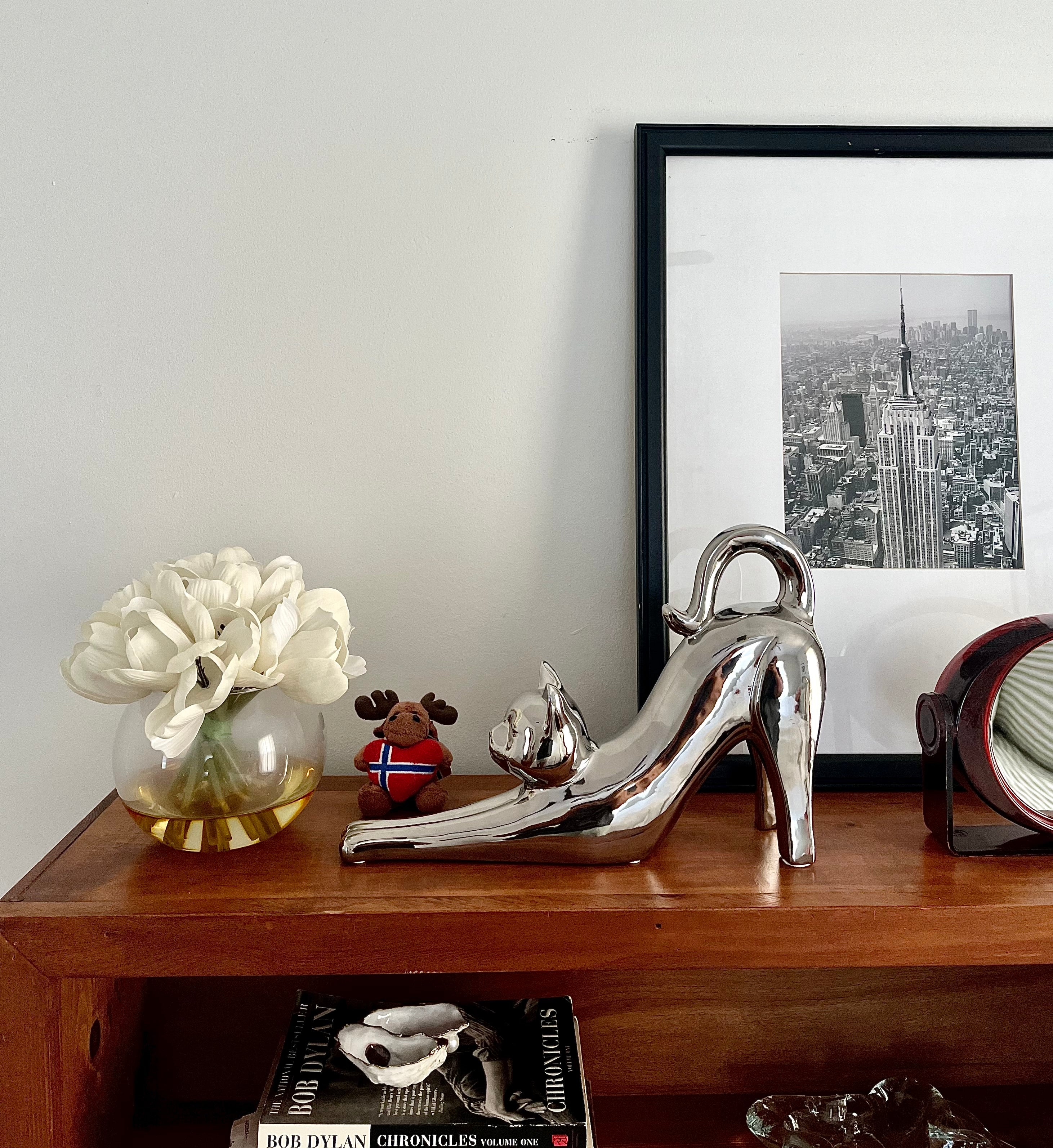 Glam Chrome Cat Figurine for Stylish Shelf or Mantel Decor