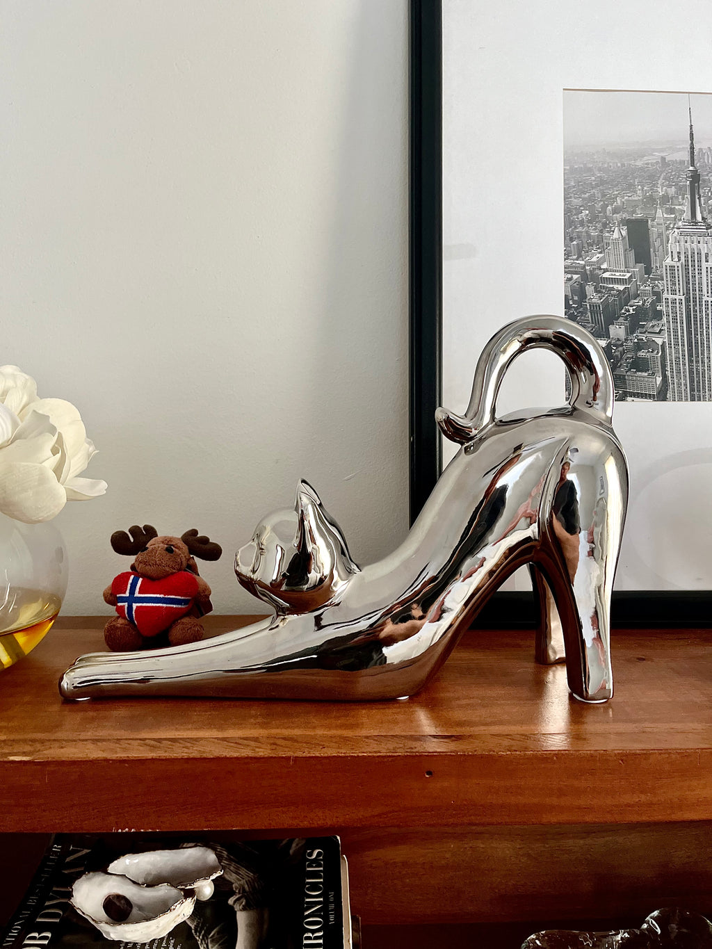 Glam Chrome Cat Figurine for Stylish Shelf or Mantel Decor