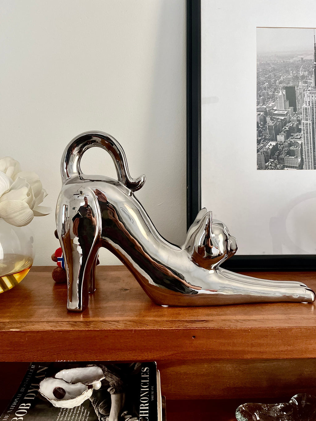 Glam Chrome Cat Figurine for Stylish Shelf or Mantel Decor