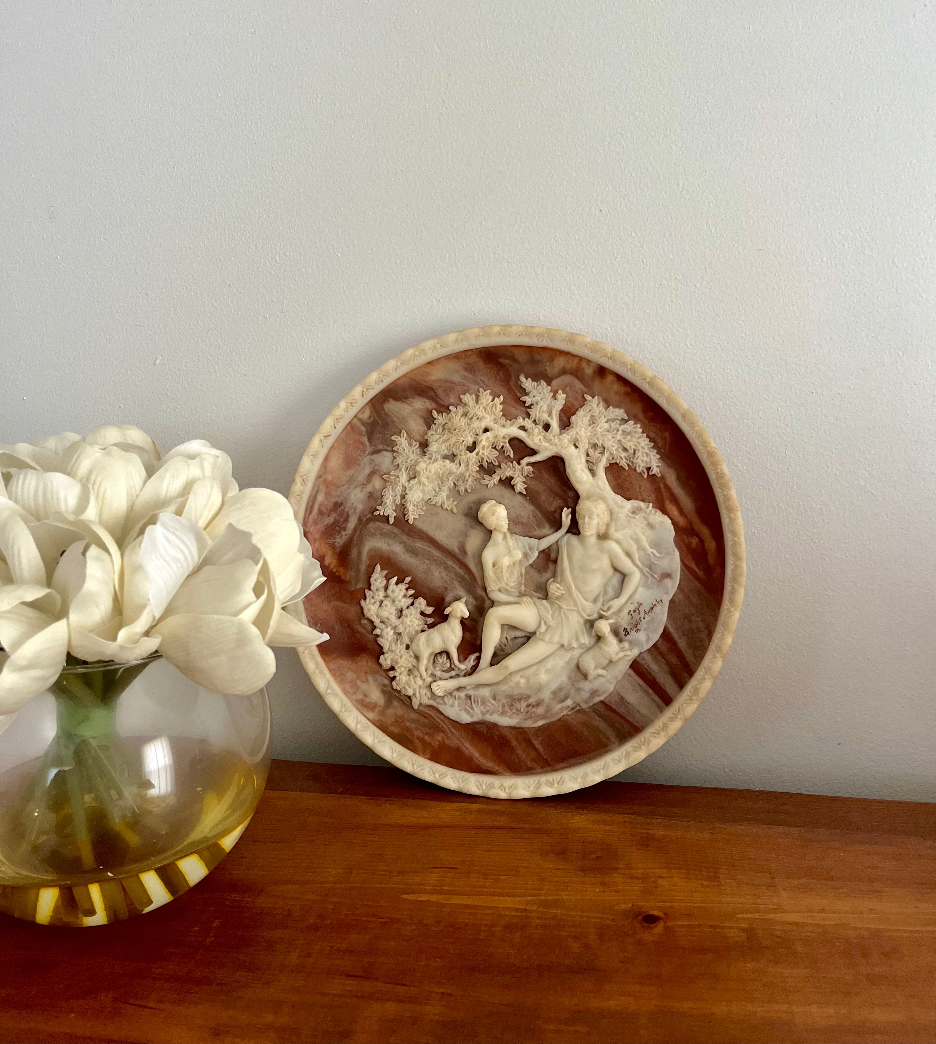 1970s Vintage Incolay Stone Carved Collector's Plates by Gayle Bright Appleby