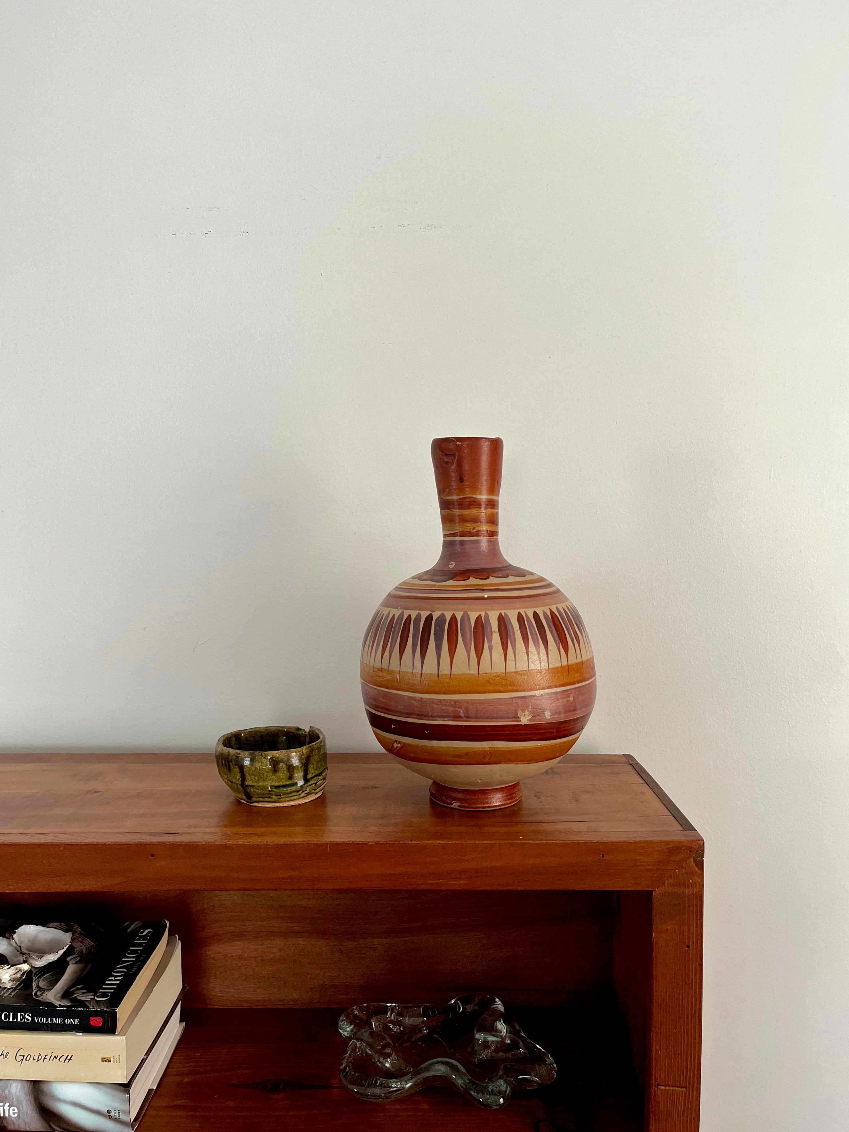 Vintage Mexican Clay Vase with Warm Earth Tones & Geometric Pattern