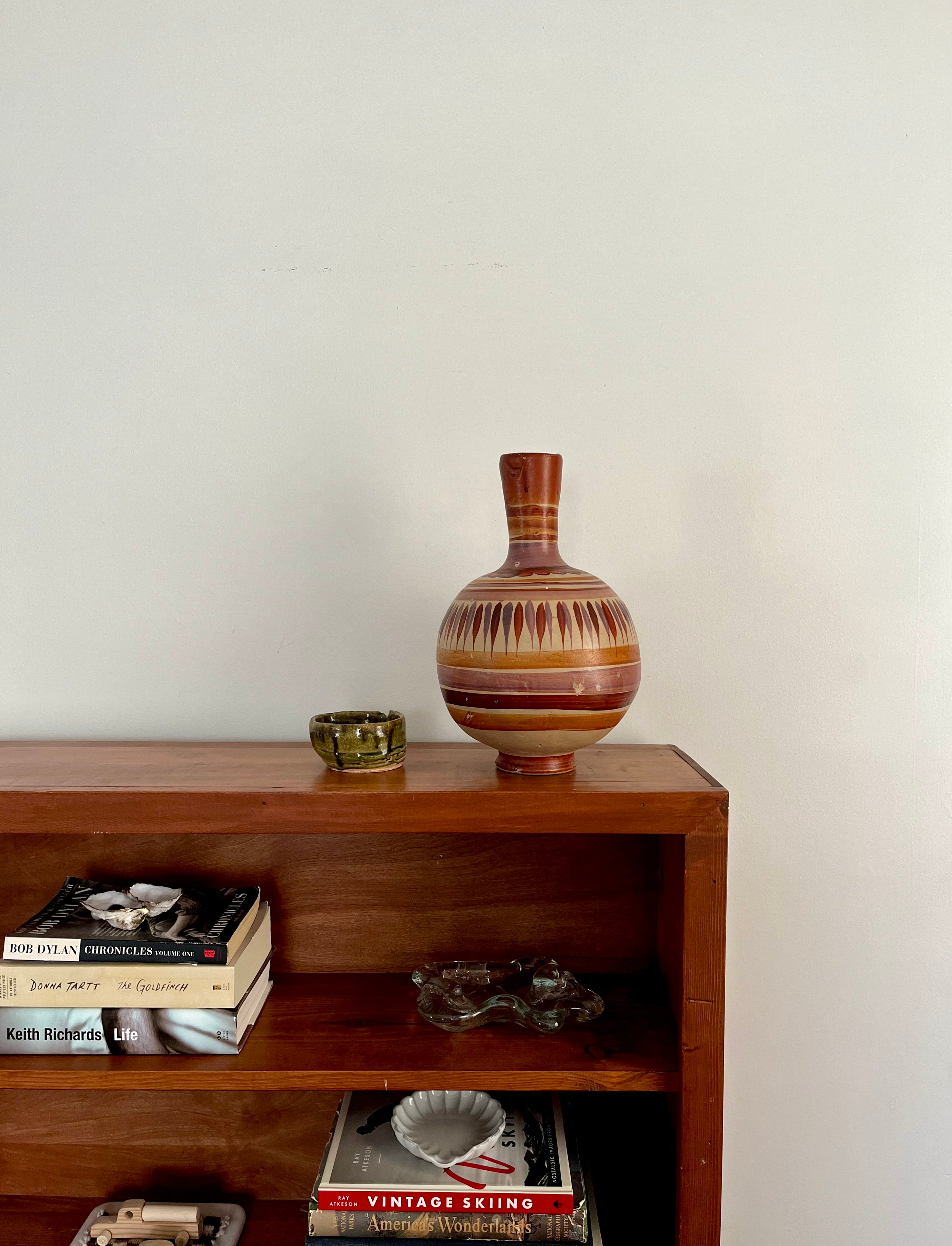 Vintage Mexican Clay Vase with Warm Earth Tones & Geometric Pattern