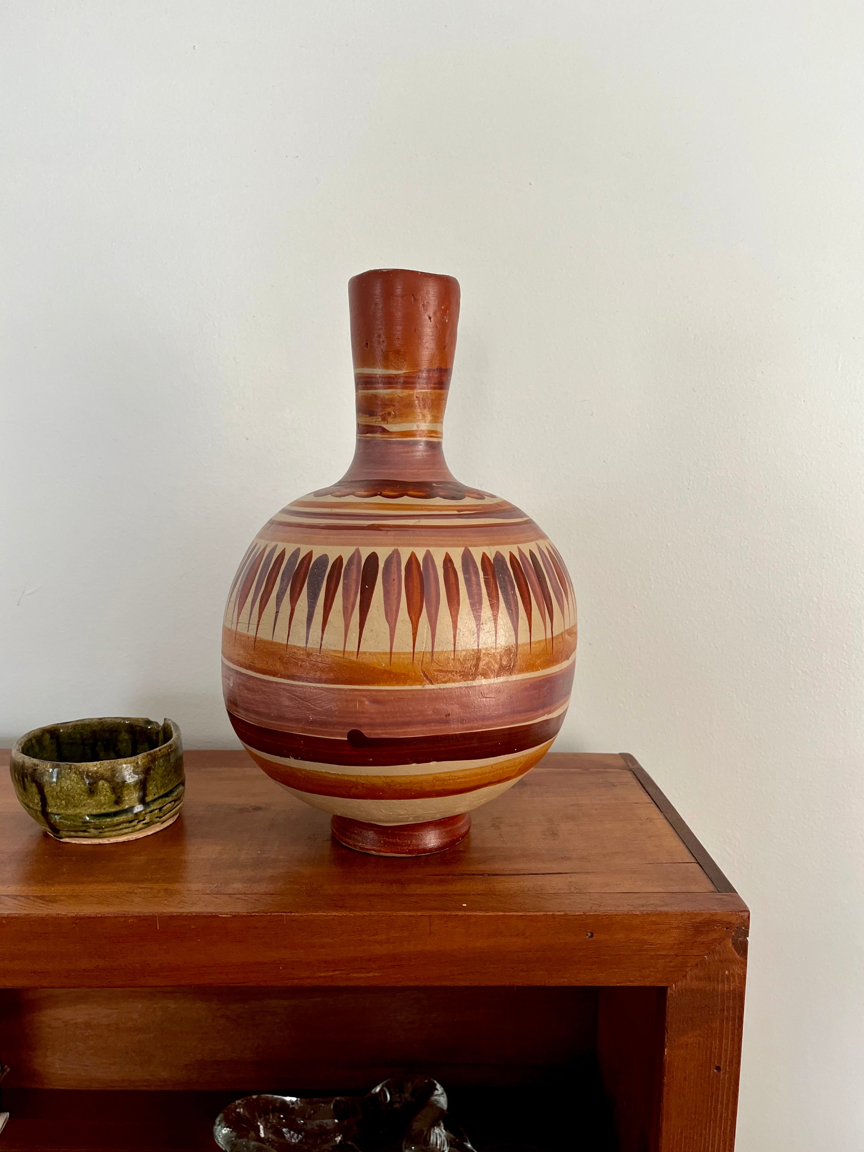 Vintage Mexican Clay Vase with Warm Earth Tones & Geometric Pattern